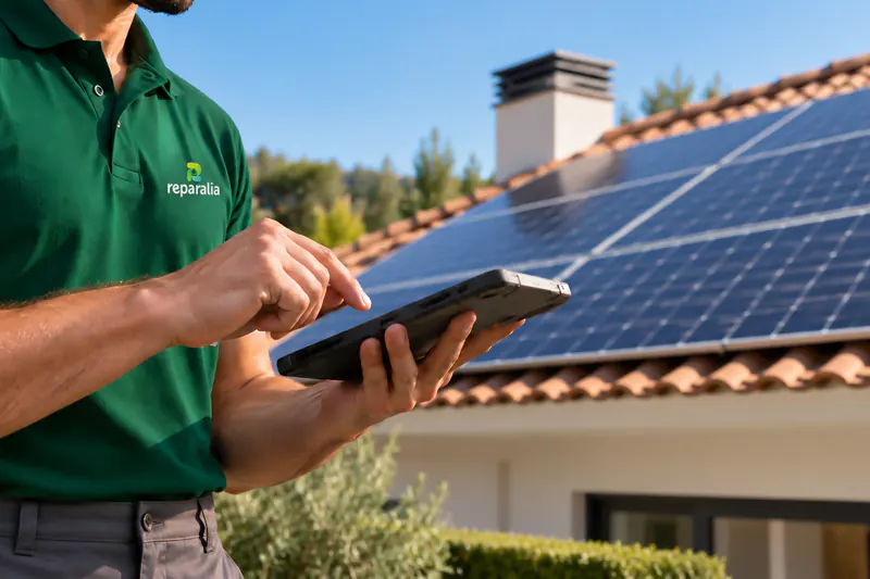 Técnico de Reparalia consultando en la tableta el rendimiento de unas placas solares