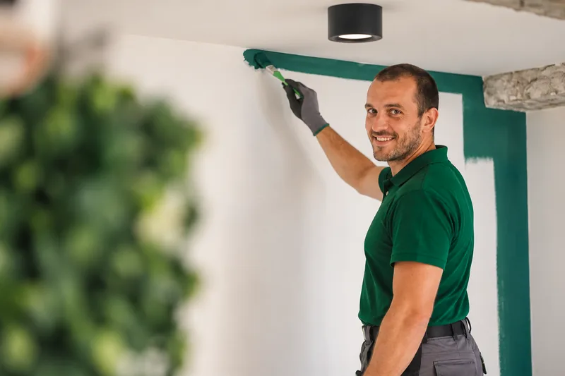 Pintor de Reparalia pintando una franja verde en la pared de un salón